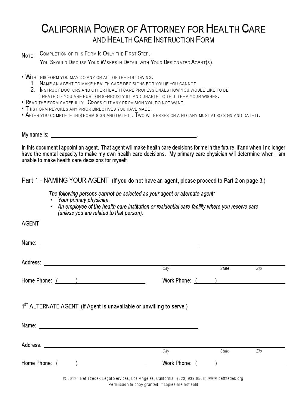 California Health Care Power of Attorney Form