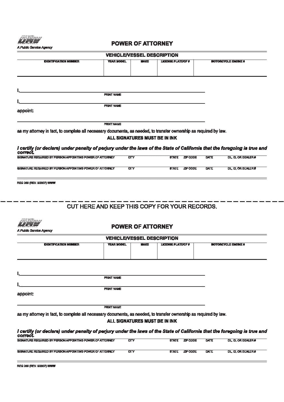 California Vehicle/Vessel Power of Attorney Form