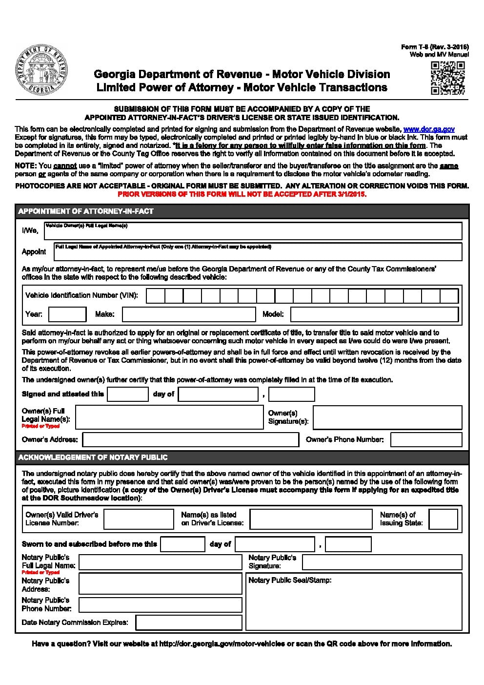 Georgia Motor Vehicle Power of Attorney