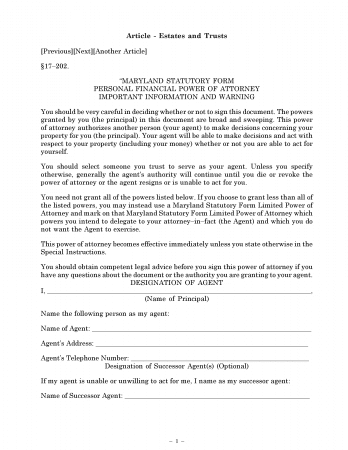 Maryland Statutory Personal Financial Power Of Attorney Form