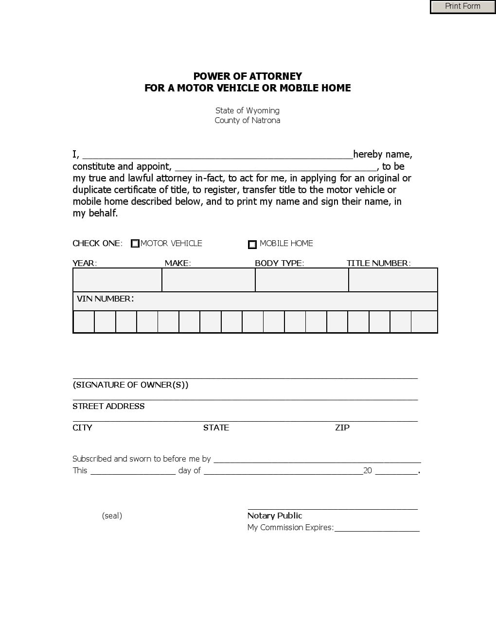 Motor Vehicle Power of Attorney Wyoming Form