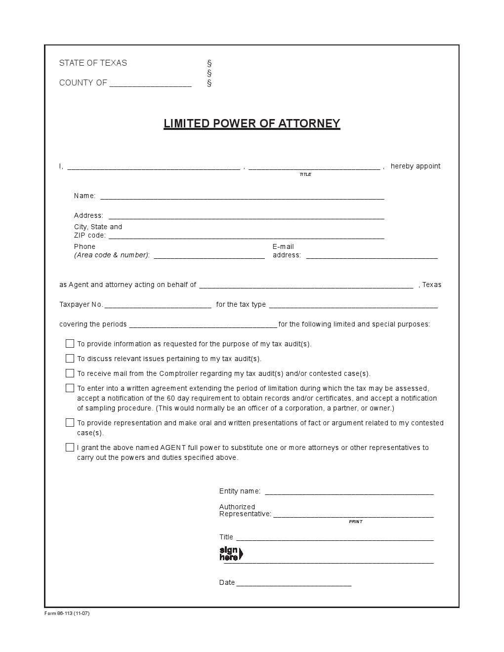 Texas Limited Power of Attorney Form for Tax Audits