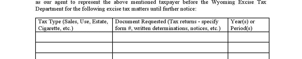 Wyoming Limited Power of Attorney Form for Excise Tax
